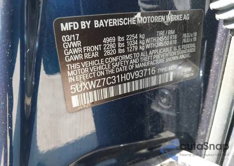 2017 BMW X3 Sdrive28I z USA, uszkodzony, nr VIN 5UXWZ7C31H0V93716